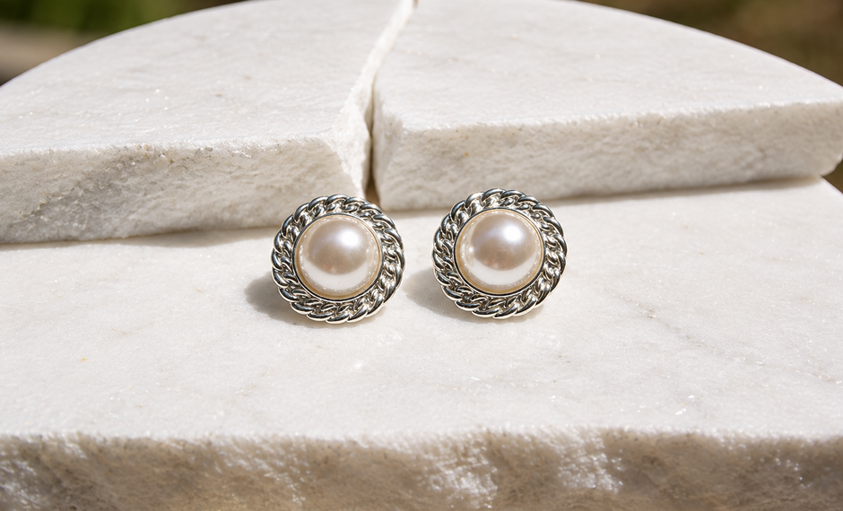 Aretes Perla en Bronce con Baño en Plata Ley 925