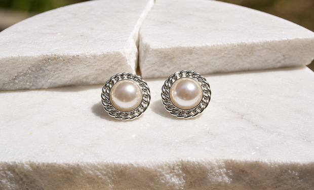 Aretes Perla en Bronce con Baño en Plata Ley 925