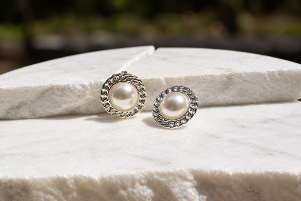 Aretes Perla en Bronce con Baño en Plata Ley 925